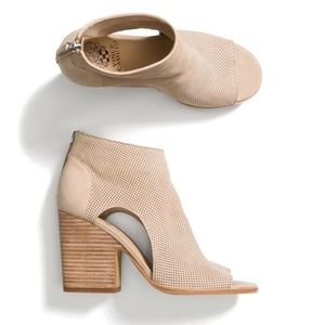 Vince camuto Bevina peep toe stacked heel bootie with perforated leather upper
